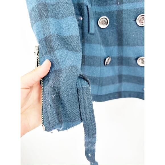 Burberry Brit Blue Full Nova Check Plaid Wool Pea Coat Jacket Women’s Size 2 - Picture 4 of 9